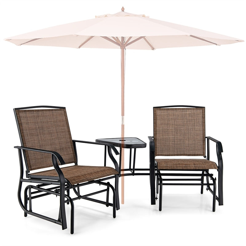 2-Seat Patio Rocking Chair Outdoor Double Glider Chair with Glass Table & Umbrella Hole