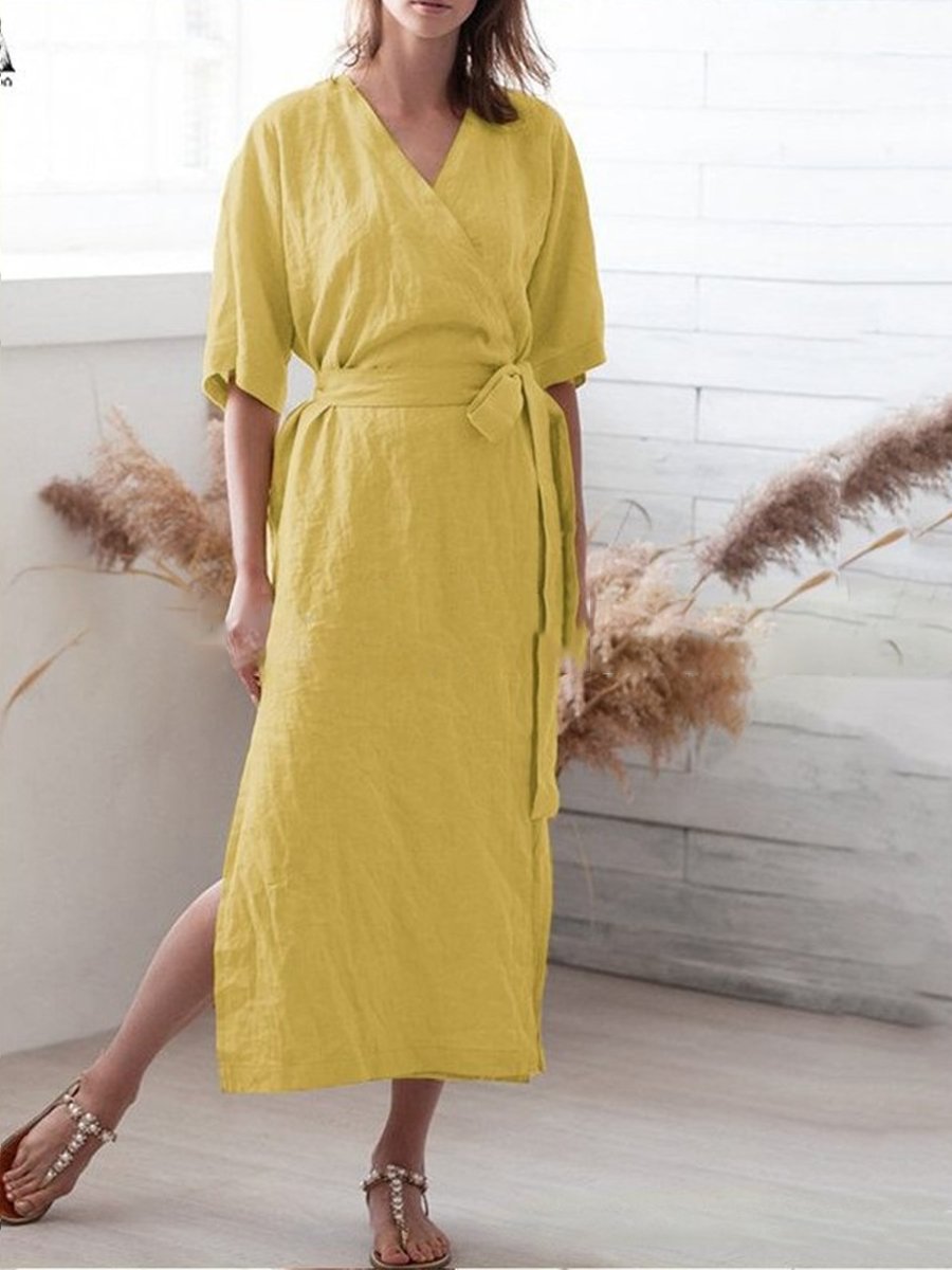 Women's Solid Color V-Neck Belt Loose Swing Cotton Linen Dress