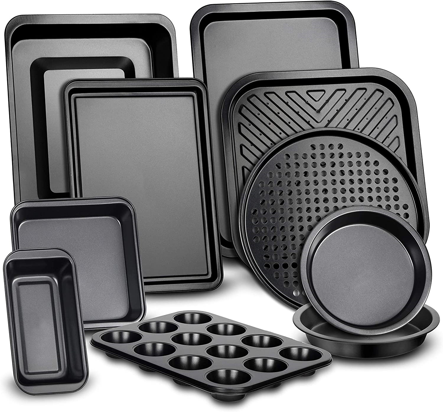 10-Piece Kitchen Oven Baking Pans - Deluxe Carbon Steel Bakeware Set with Stylish Non-stick Gray Coating Inside and Out, Dishwasher Safe & PFOA, PFOS, PTFE Free