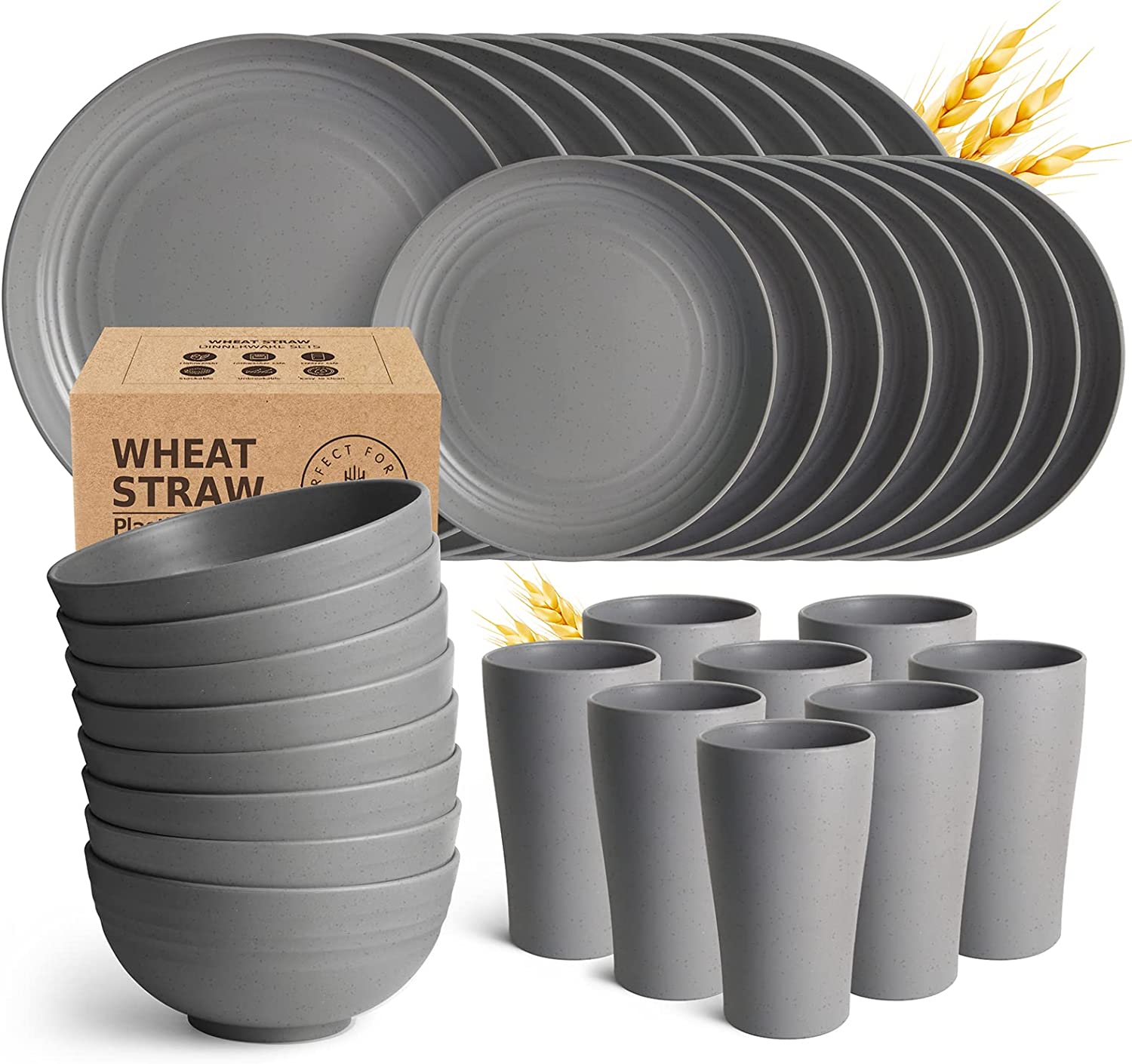 32-Piece Kitchen Wheat Straw Dinnerware Set, Service for 8, Dinner Plates, Dessert Plate, Cereal Bowls, Cups, Unbreakable Plastic Outdoor Camping Dishes, Black