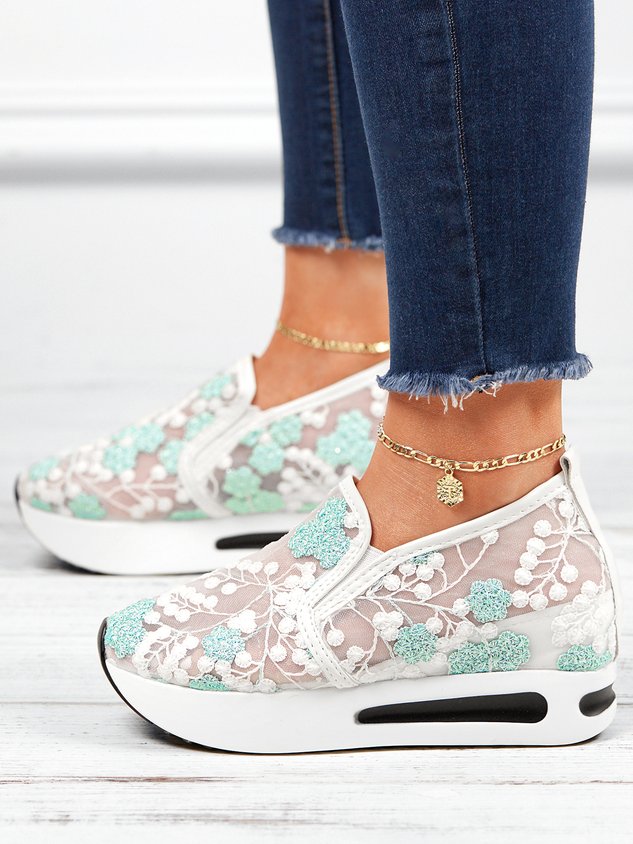 Floral Embroidery Breathable Sheer Mesh Sneakers