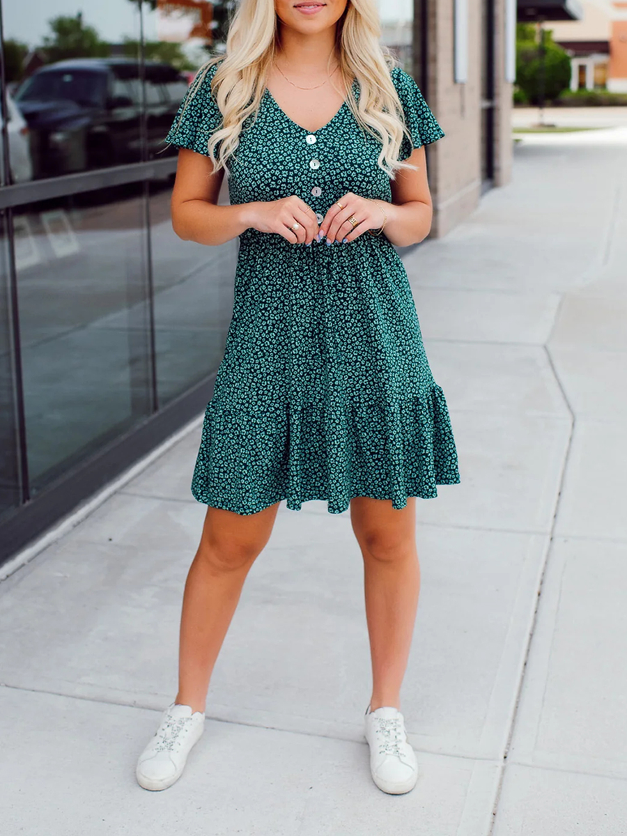 Green Flower Pattern Button Dress