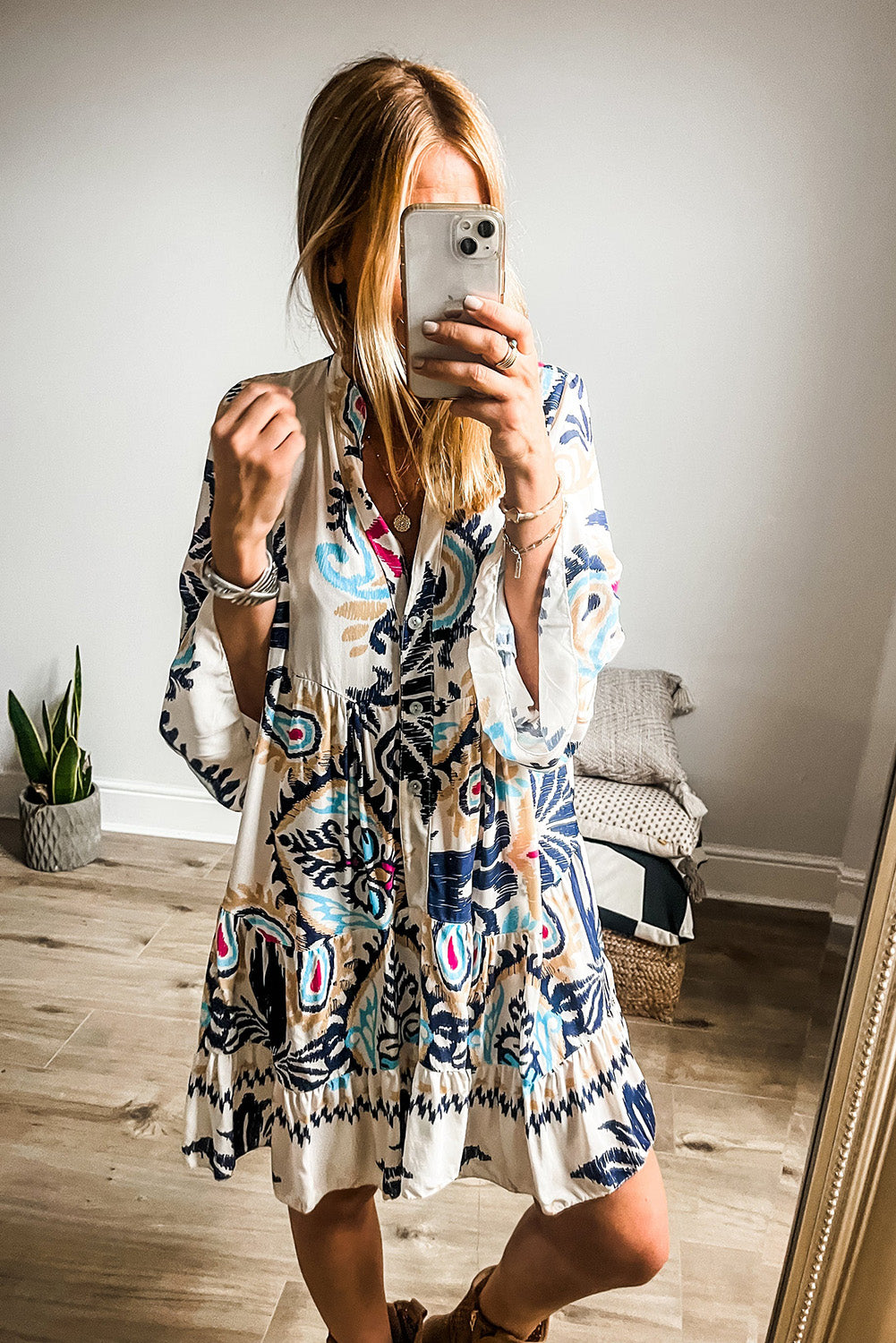 White Ethnic Print Boho Button Tiered Mini Dress