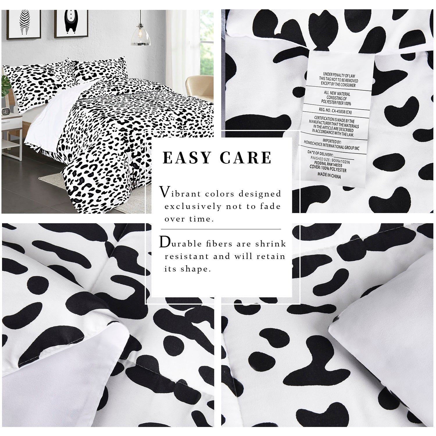 HIG Animal Themed Print Comforter Set, Cow Pattern, 3 PCS Lightweight Quilted Comforter with Two Shams