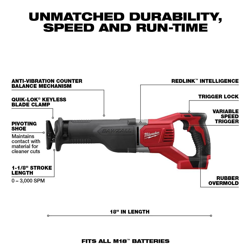 Milwaukee M18 18-Volt Lithium-Ion Cordless Combo Tool Kit (16-Tool) with Four 3.0 Ah Batteries, 1-Charger, 3-Tool Bag