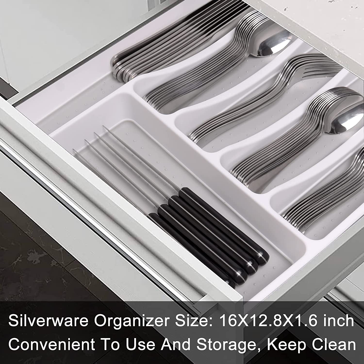 49-Piece Silverware Set with Flatware Drawer Organizer, Durable Stainless Steel Cutlery Set for 8, Mirror Polished Kitchen Utensils Tableware Service with Steak Knives Dinner Fork Knife Spoon & Tray