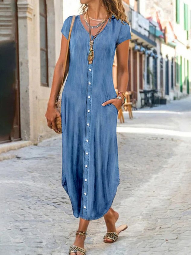 Women Casual Natural Loose Button H-Line Maxi Dress