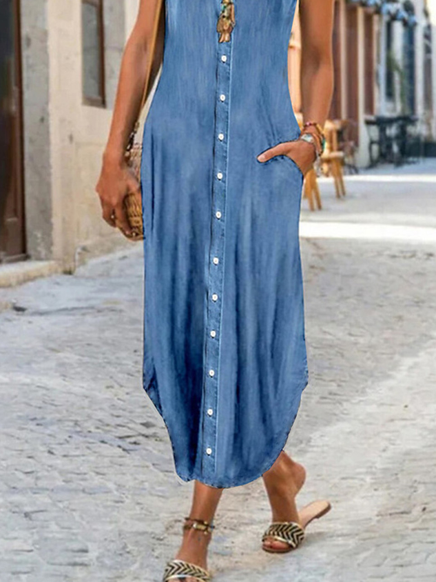 Women Casual Natural Loose Button H-Line Maxi Dress