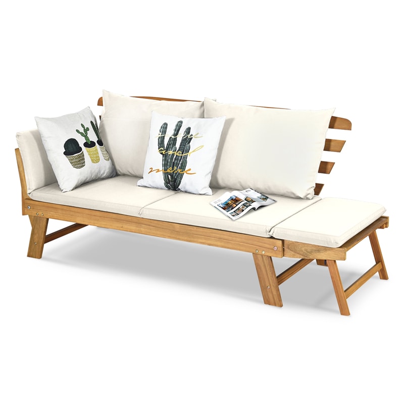 Outdoor Daybed Acacia Wood Convertible Couch Sofa Bed with Adjustable Armrest & Cushion