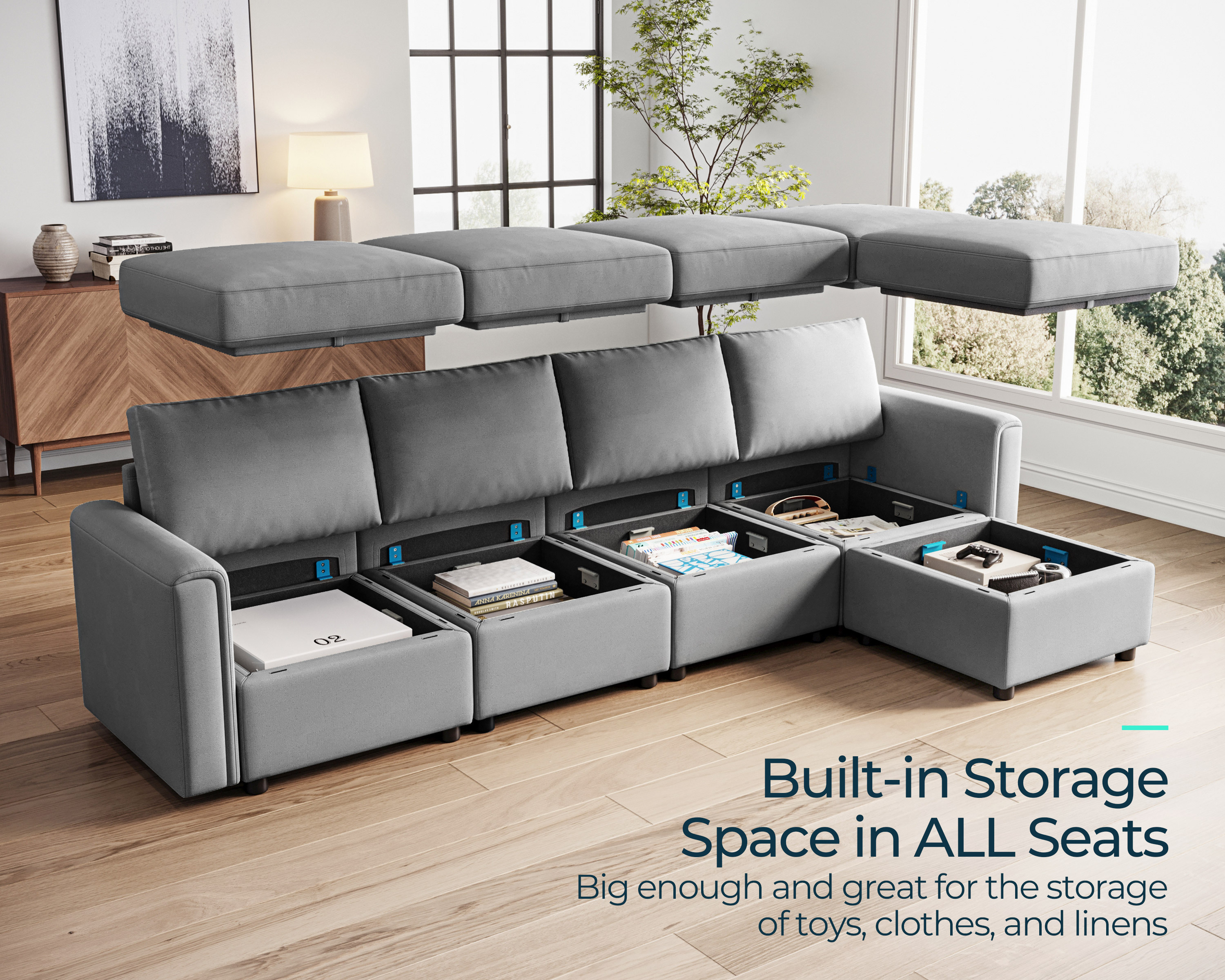 LINSY HOME Modular Couches and Sofas Sectional with Storage Sectional Sofa U Shaped Sectional Couch with Reversible Chaises, Dark Gray