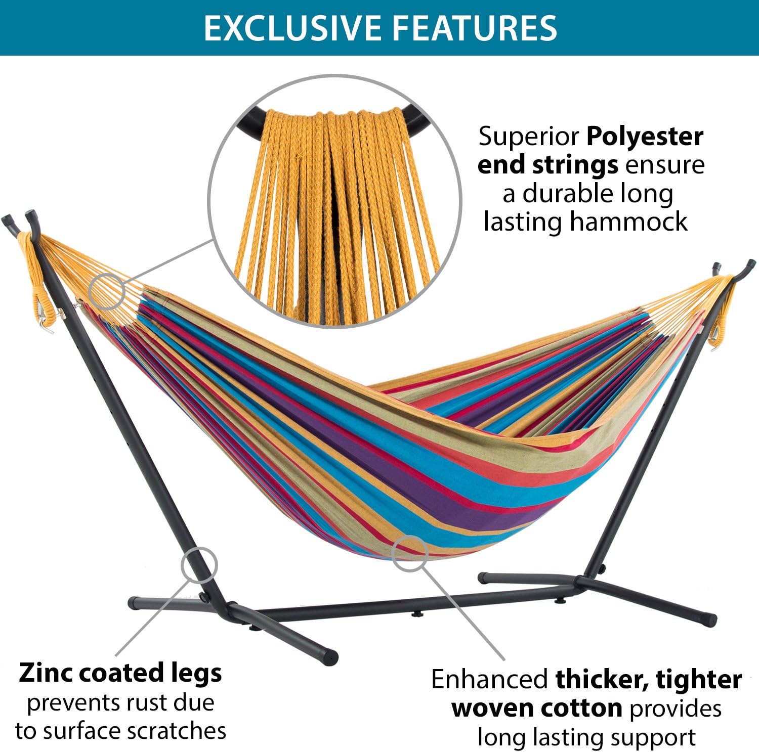 Double Cotton Hammock with Space Saving Steel Stand, Tropical (450 lb Capacity - Premium Carry Bag Included)