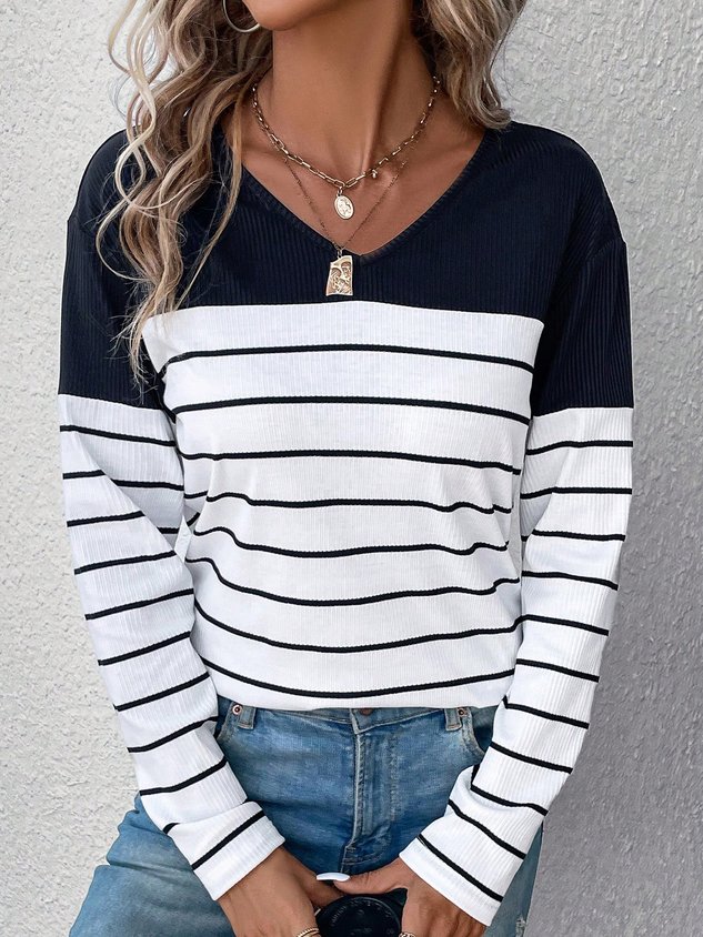 Casual Striped V Neck Long Sleeve T-shirt