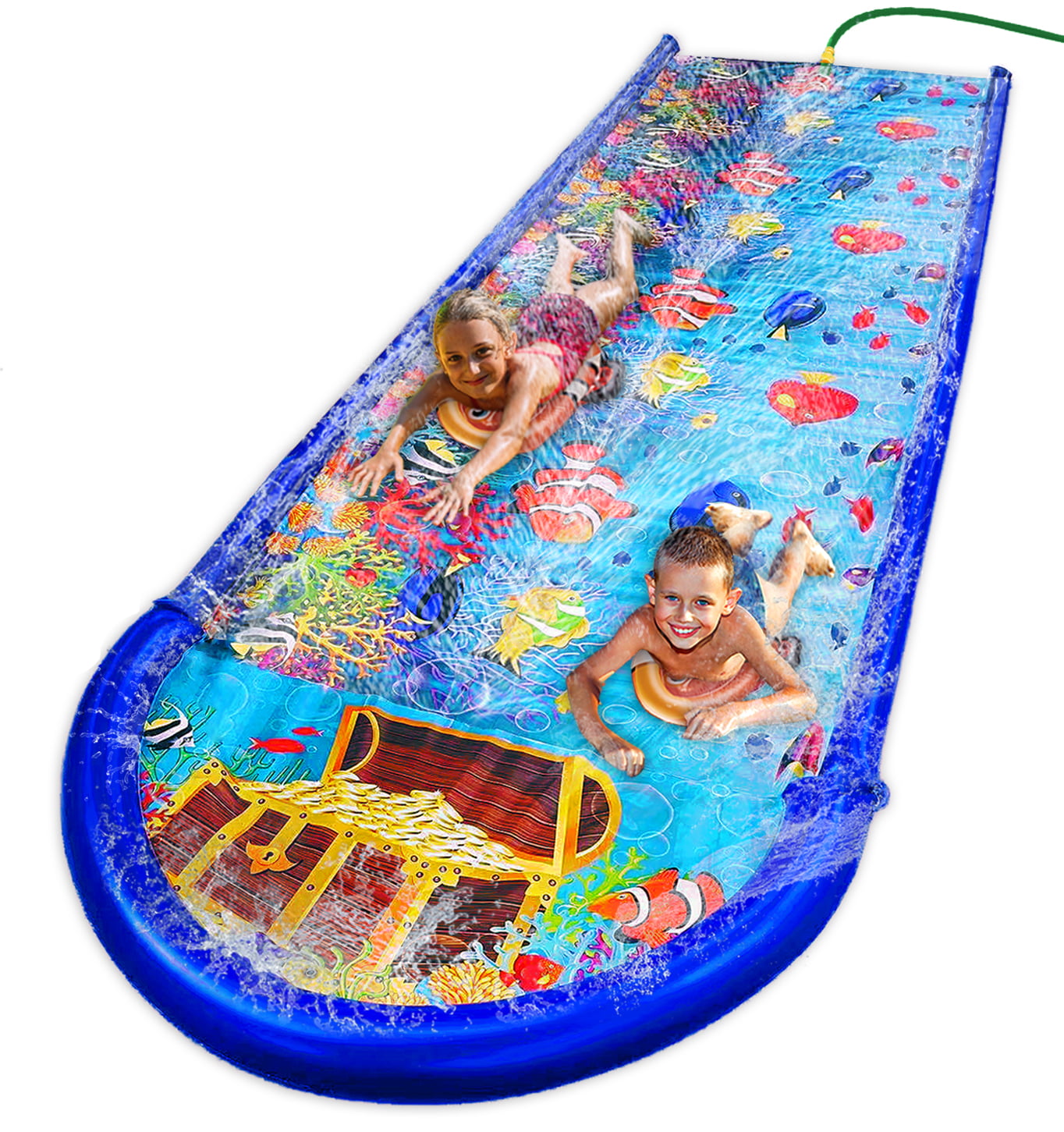 Double Lawn Slide Water Spraying Slip and Slide, Giant Backyard 25 feet Slide with 2 Inflatable Sliding Body Boards and Built in Sprinkler, Outdoor Wet Summer Fun or Snow Sledge