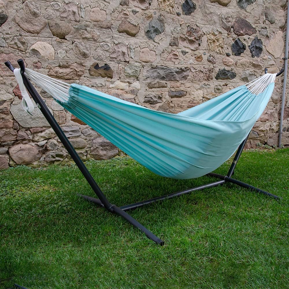 Double Cotton Hammock with Space Saving Steel Stand, Tropical (450 lb Capacity - Premium Carry Bag Included)