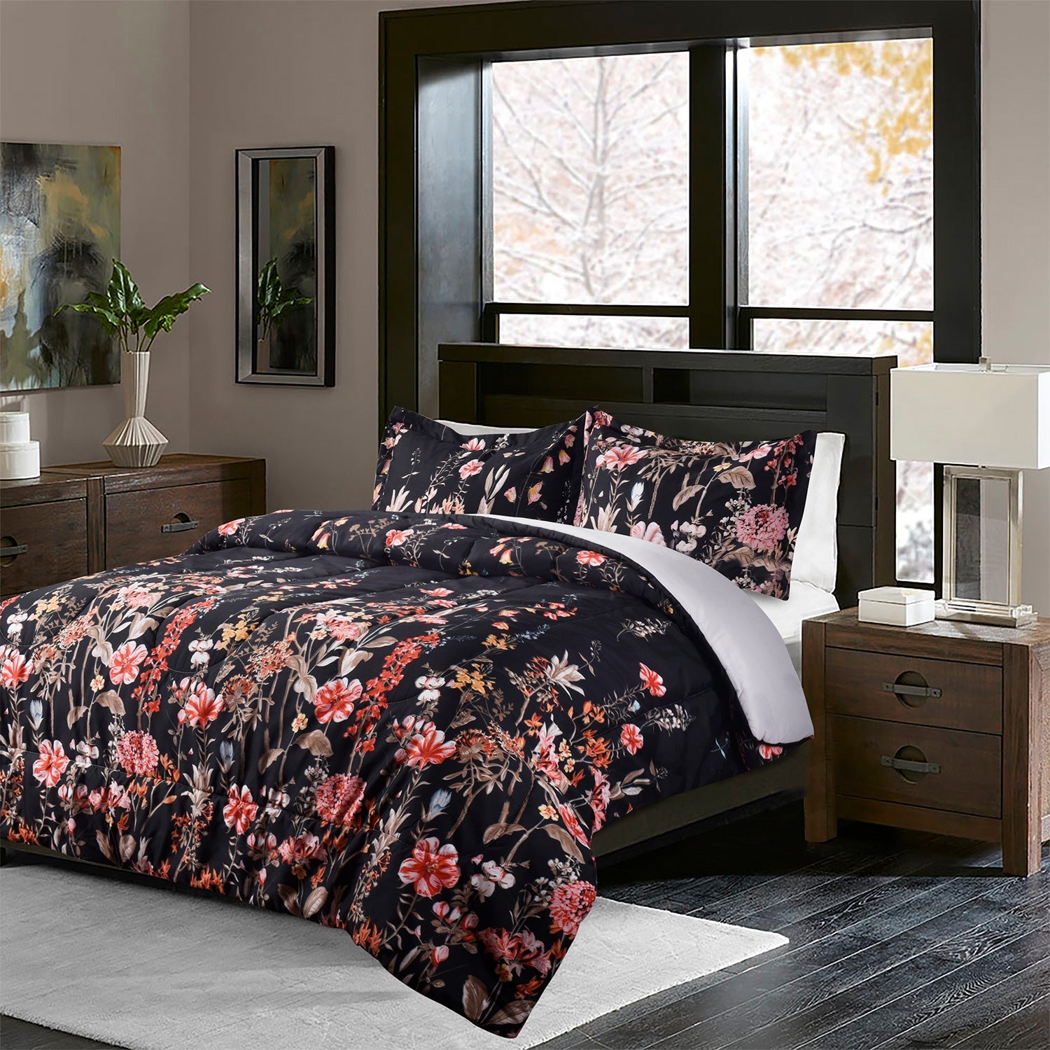 HIG 3 Piece Bohemian Floral Print Comforter Set for Queen King Bed, Pastoral Style Lightweight Duvet Set for Bedroom Decor