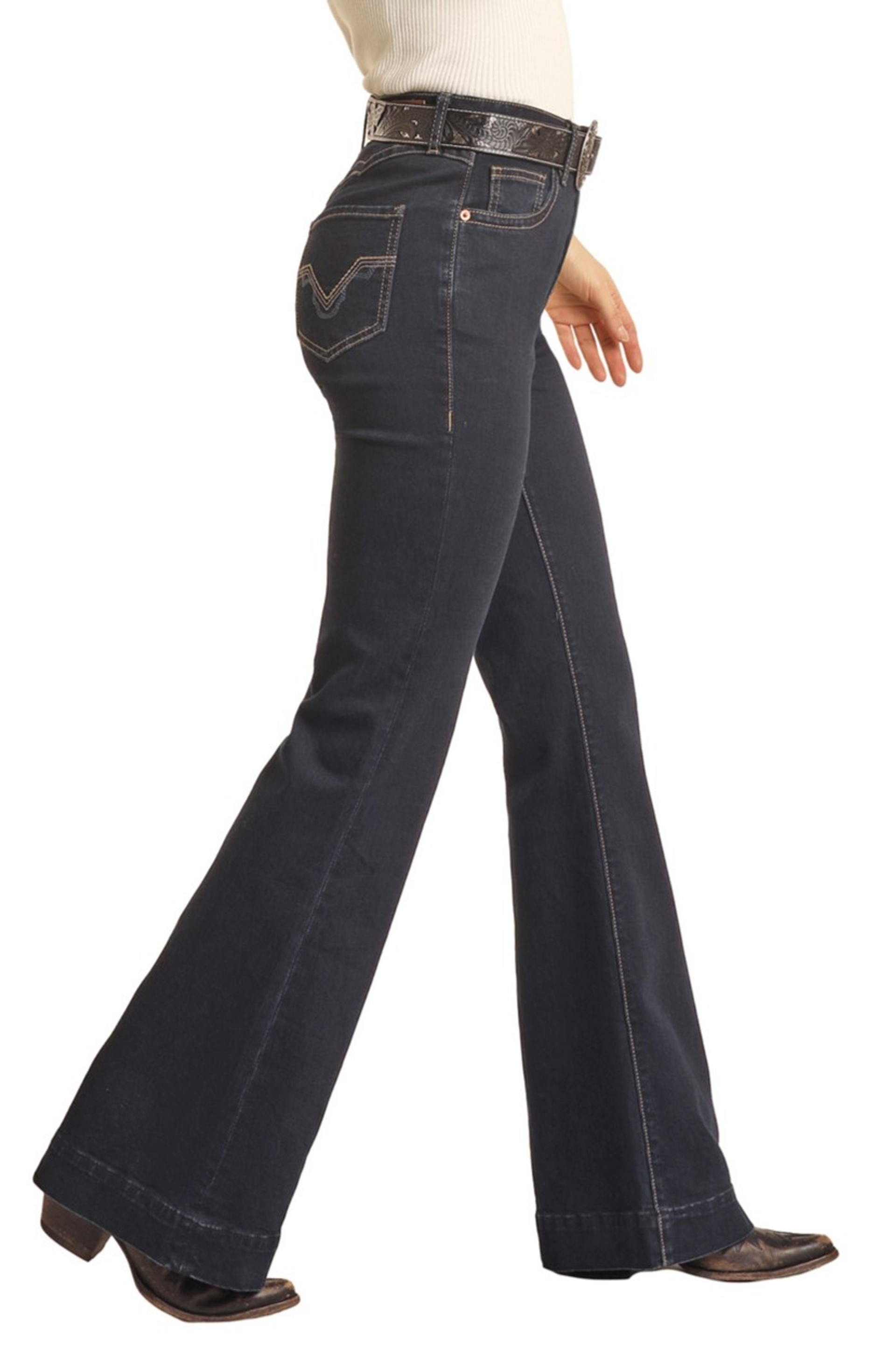 Simple women's mid-waist pocket line design details denim pants