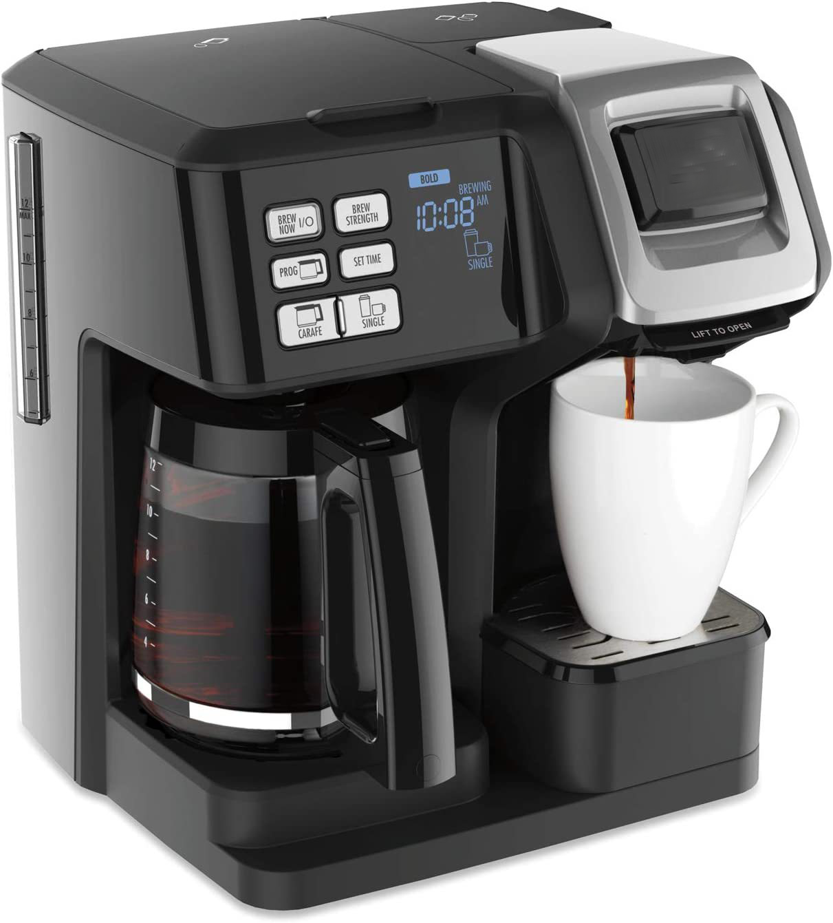 2-Way Coffee Maker, Compatible with Grounds, Combo, Single Serve & Full 12c Pot, Black - Fast Brewing