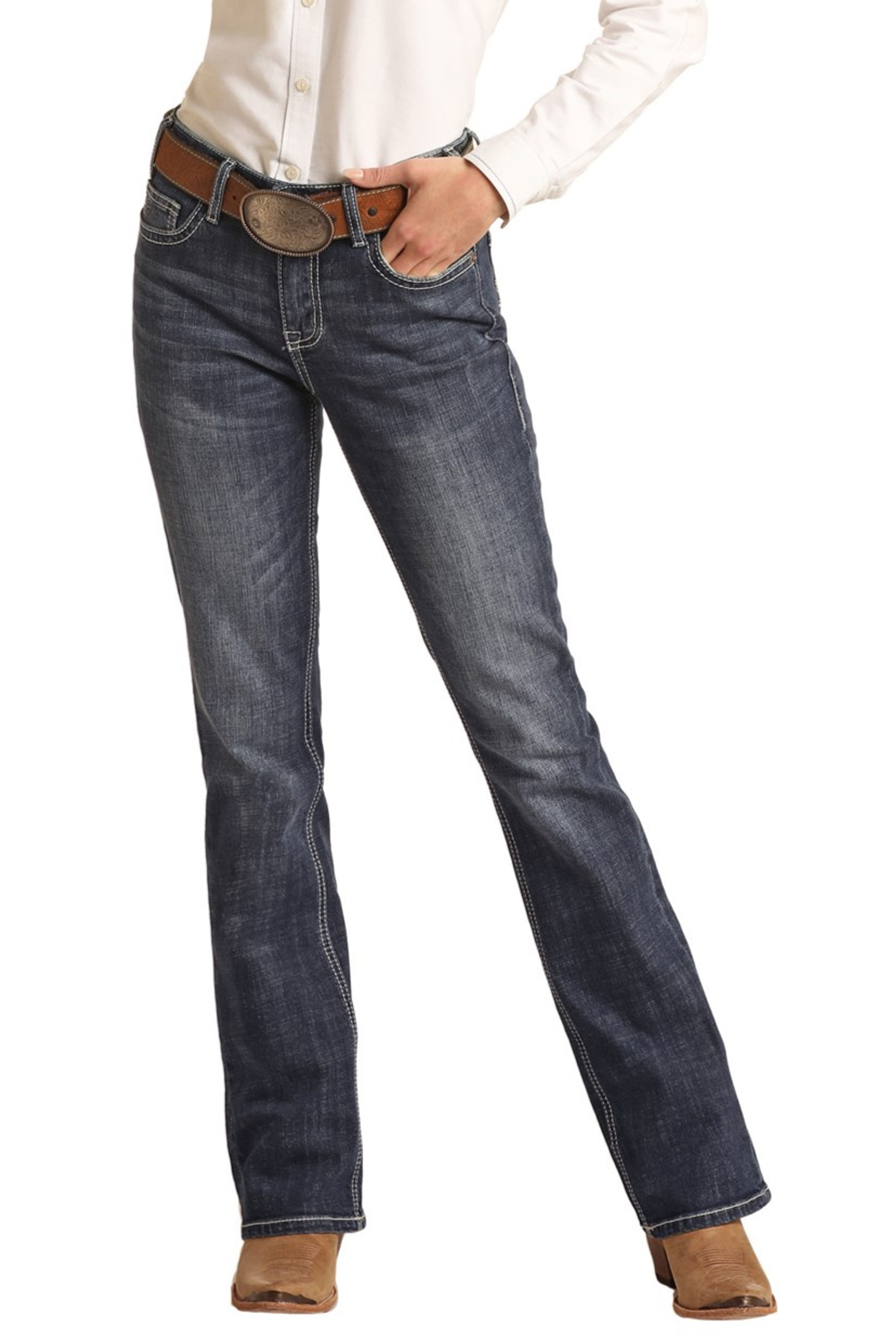 Simple women's mid-waist pocket line design details denim pants