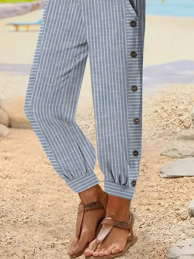 Casual Striped Natural Ankle Pants Elastic Band Buckle Straight Pants