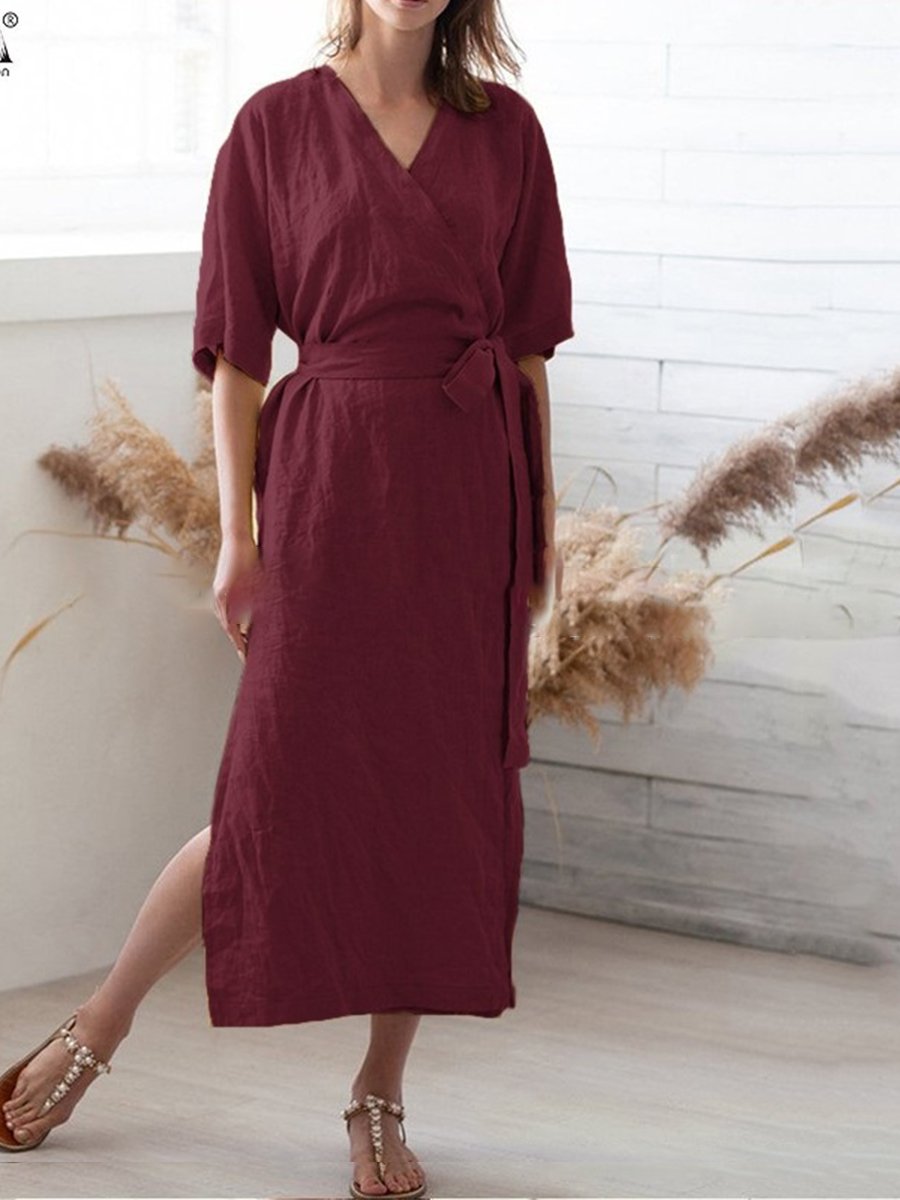 Women's Solid Color V-Neck Belt Loose Swing Cotton Linen Dress