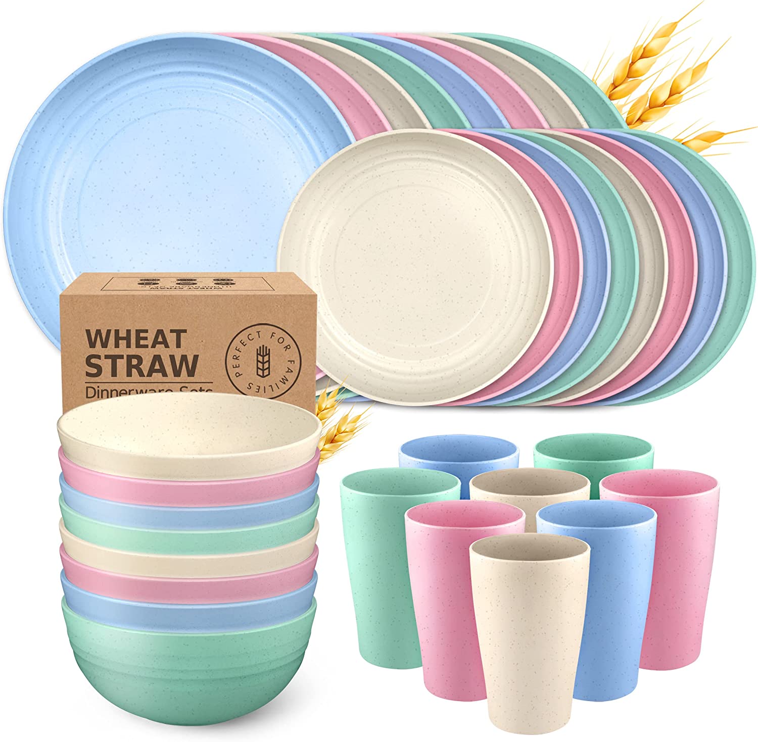 32-Piece Kitchen Wheat Straw Dinnerware Set, Service for 8, Dinner Plates, Dessert Plate, Cereal Bowls, Cups, Unbreakable Plastic Outdoor Camping Dishes, Black