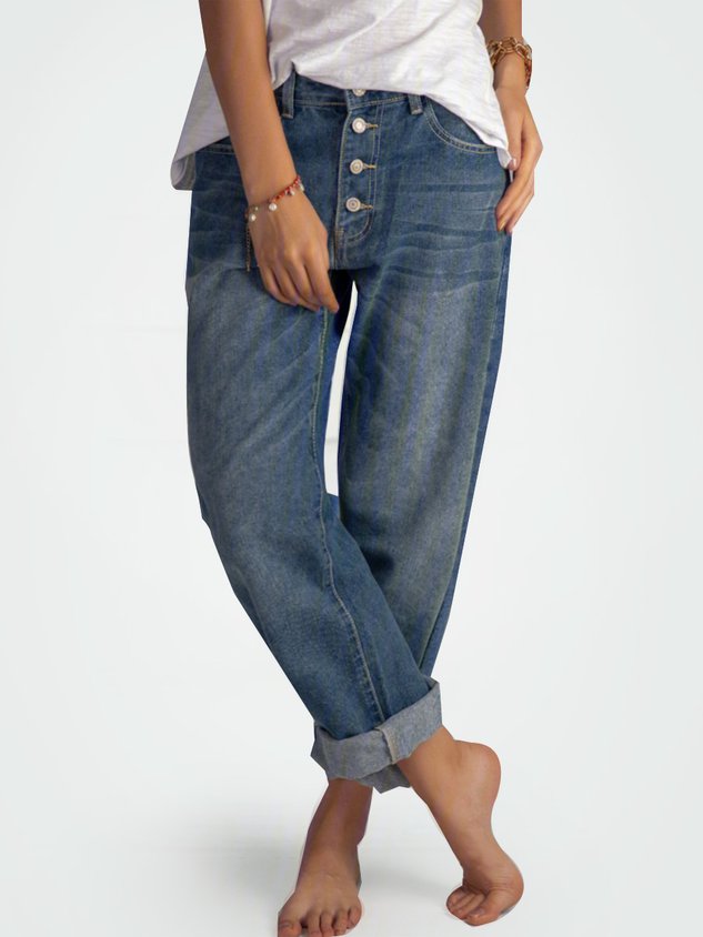 Cotton Loose Blue Casual Buttoned Jeans