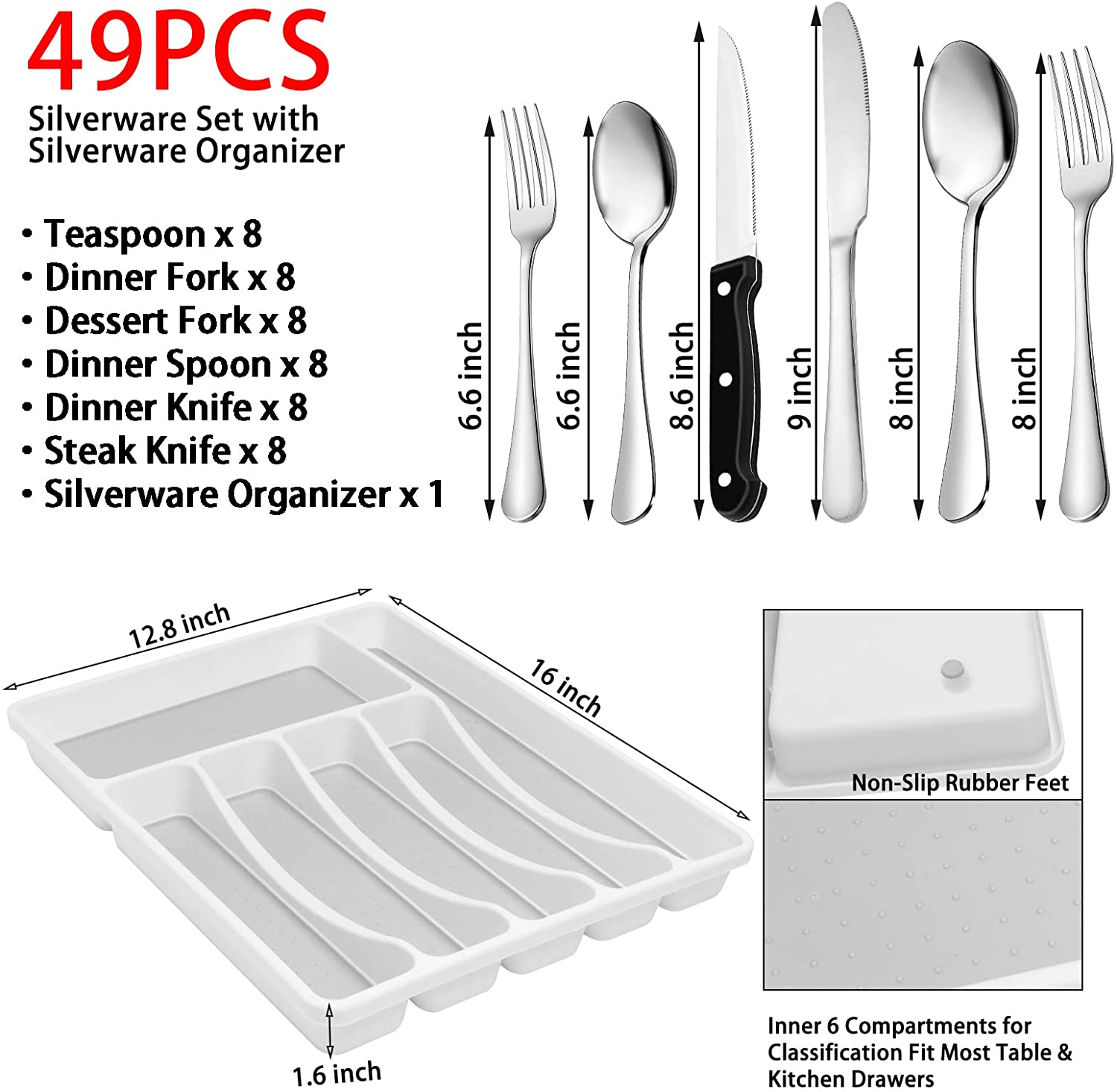 49-Piece Silverware Set with Flatware Drawer Organizer, Durable Stainless Steel Cutlery Set for 8, Mirror Polished Kitchen Utensils Tableware Service with Steak Knives Dinner Fork Knife Spoon & Tray