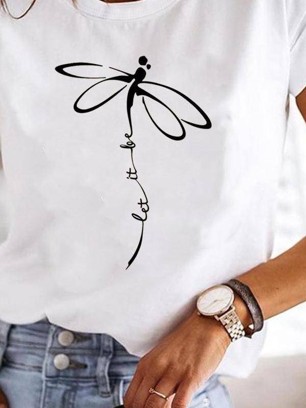 Casual Dragonfly Print Crew Neck Short Sleeve T-Shirt