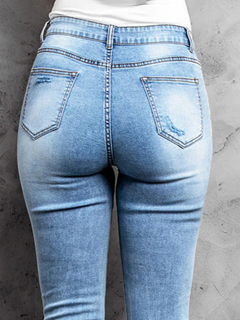 Casual ripped solid color women's jeans