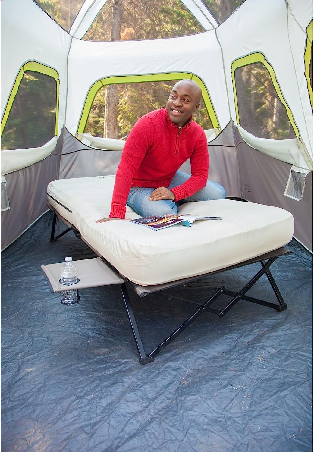 Camping Cot, Air Mattress, and Pump Combo, Folding Camp Cot and Air Bed with Side Table and Battery Operated Pump