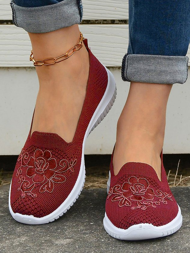 Sports Floral Breathable Slip On Flat Heel Fly Woven Shoes Embroidery