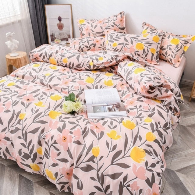 Flower Duvet Cover Bedding Set Peach Daisy Pastoral style Flat Bed Sheet