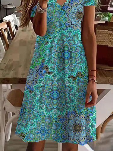 Paisley V Neck Loosen Short Sleeve Knit Dress