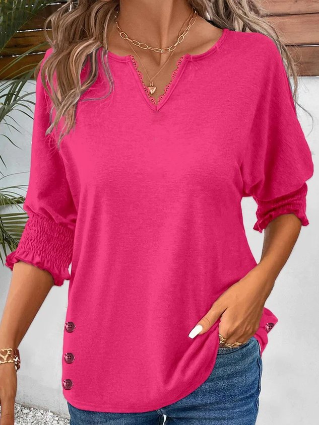 Casual Plain Notched Three Quarter Sleeve T-shirt