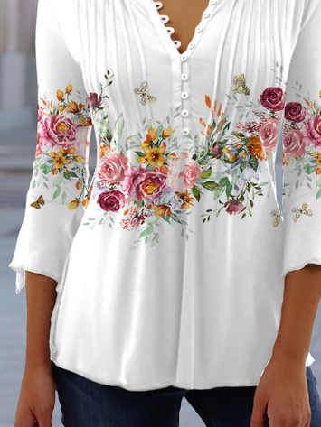 Floral V Neck Regular Fit Casual Top