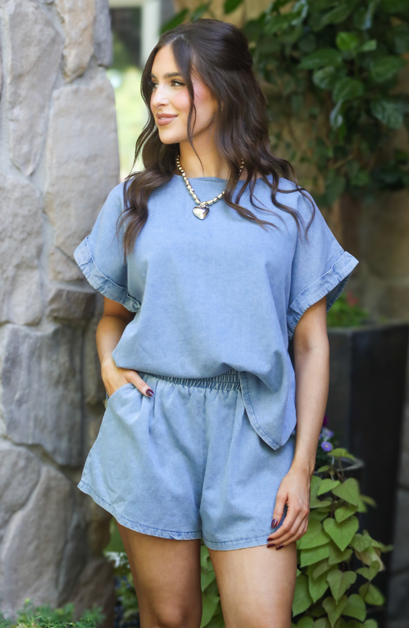 Living Out Loud Denim Shirt And Short Set