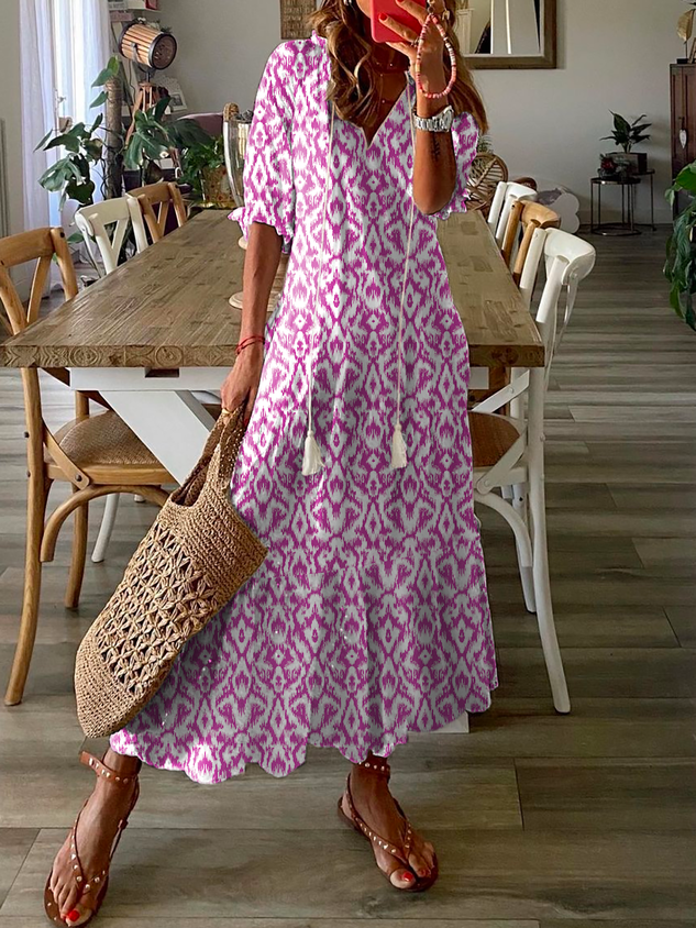 Women's Shift Dress Maxi Dress half Sleeve Floral Print Summer Fall V Neck Casual Geometric Printed Dress