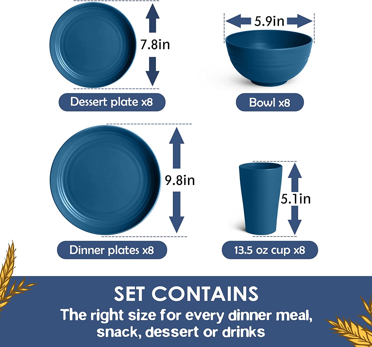 32-Piece Kitchen Wheat Straw Dinnerware Set, Service for 8, Dinner Plates, Dessert Plate, Cereal Bowls, Cups, Unbreakable Plastic Outdoor Camping Dishes, Black