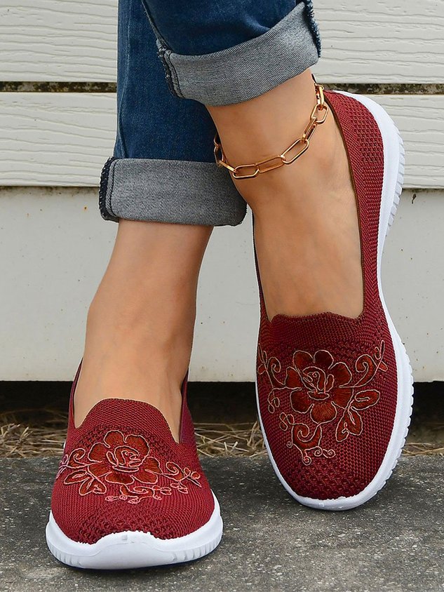 Sports Floral Breathable Slip On Flat Heel Fly Woven Shoes Embroidery