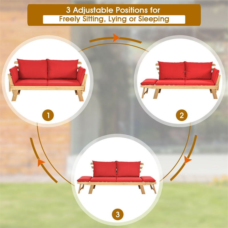 Outdoor Daybed Acacia Wood Convertible Couch Sofa Bed with Adjustable Armrest & Cushion