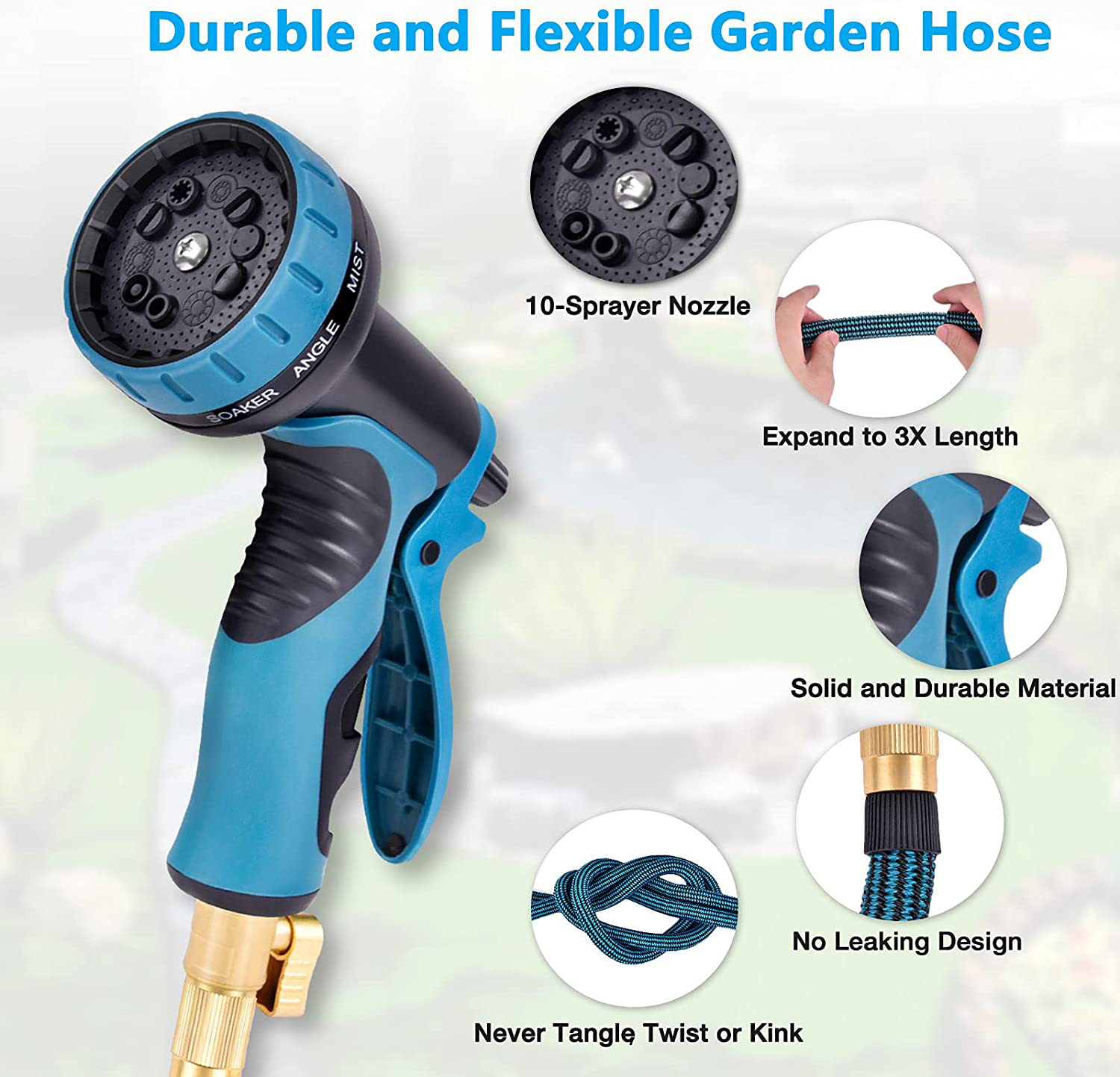 (Closing Store Sale) Toolasin Expandable Garden Hose 50ft with 10 Function Spray Nozzle, Leakproof Flexible Water Hose Design with Solid Brass Connectors, Retractable Hose Expands 3 Times, Easy Storage and Usage