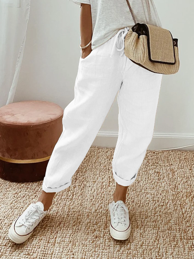 Casual Baggy Cotton Linen Cropped Plain Pant