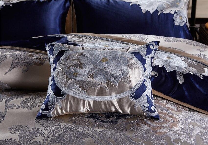 Blue Silver Silk Cotton Jacquard Luxury Chinese Duvet Cover Set