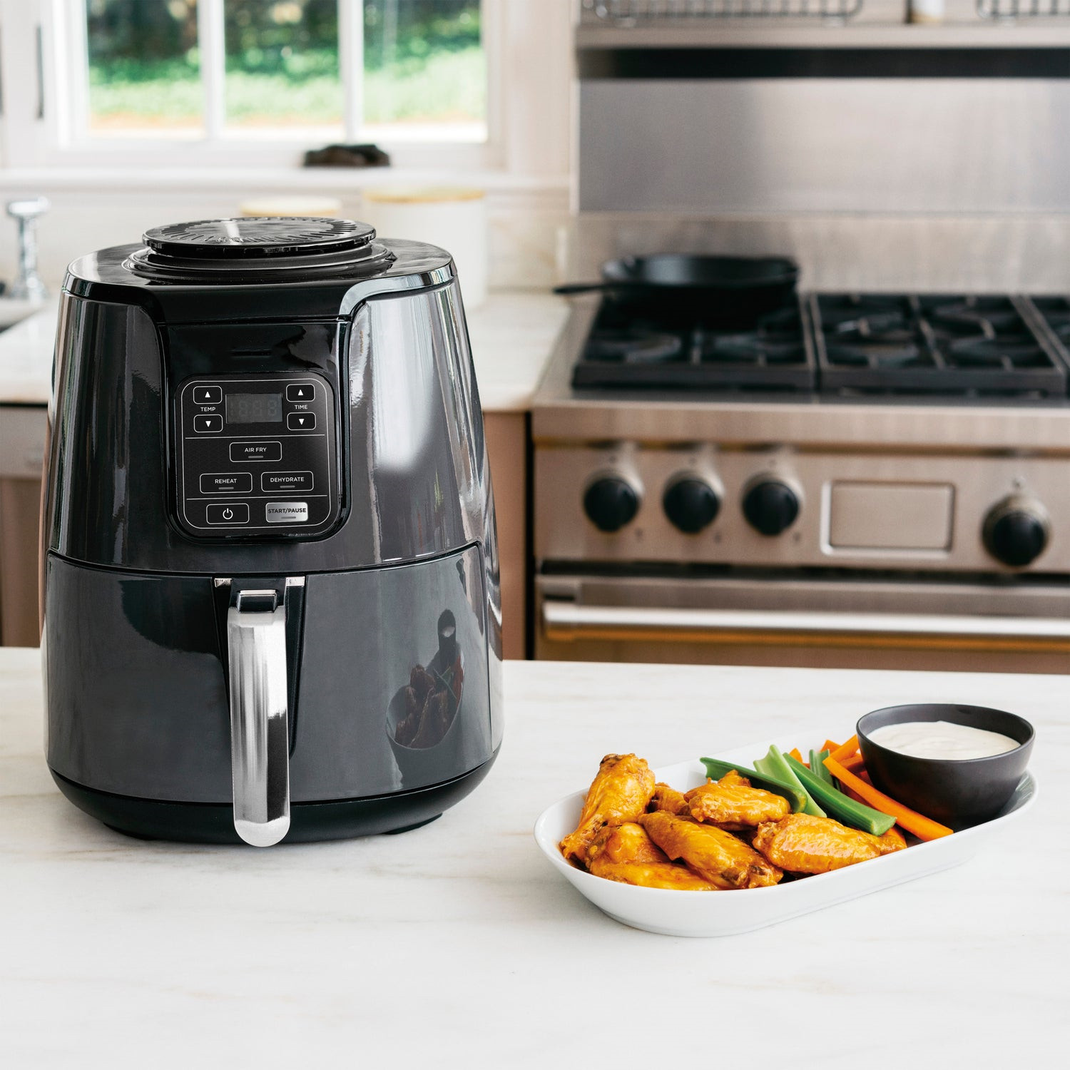 (Store Closing Sale) 4 Quart Air Fryer with Reheat & Dehydrate, Black, Silver, AF100WM