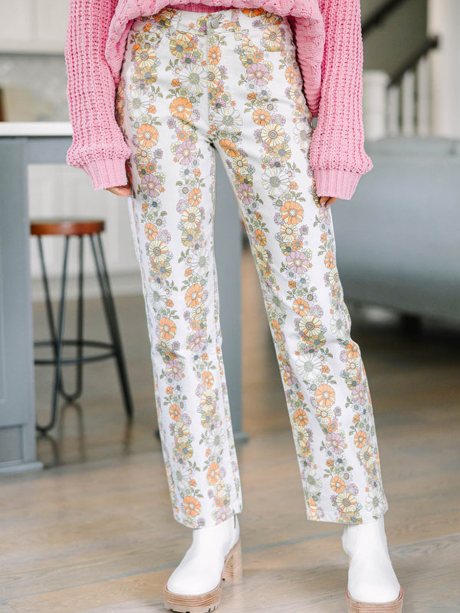 Ivory White Floral Pants