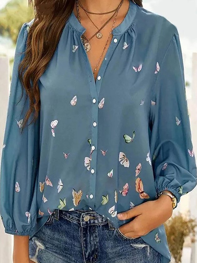 Colorful Butterfly Print Chiffon Long Sleeve Shirt