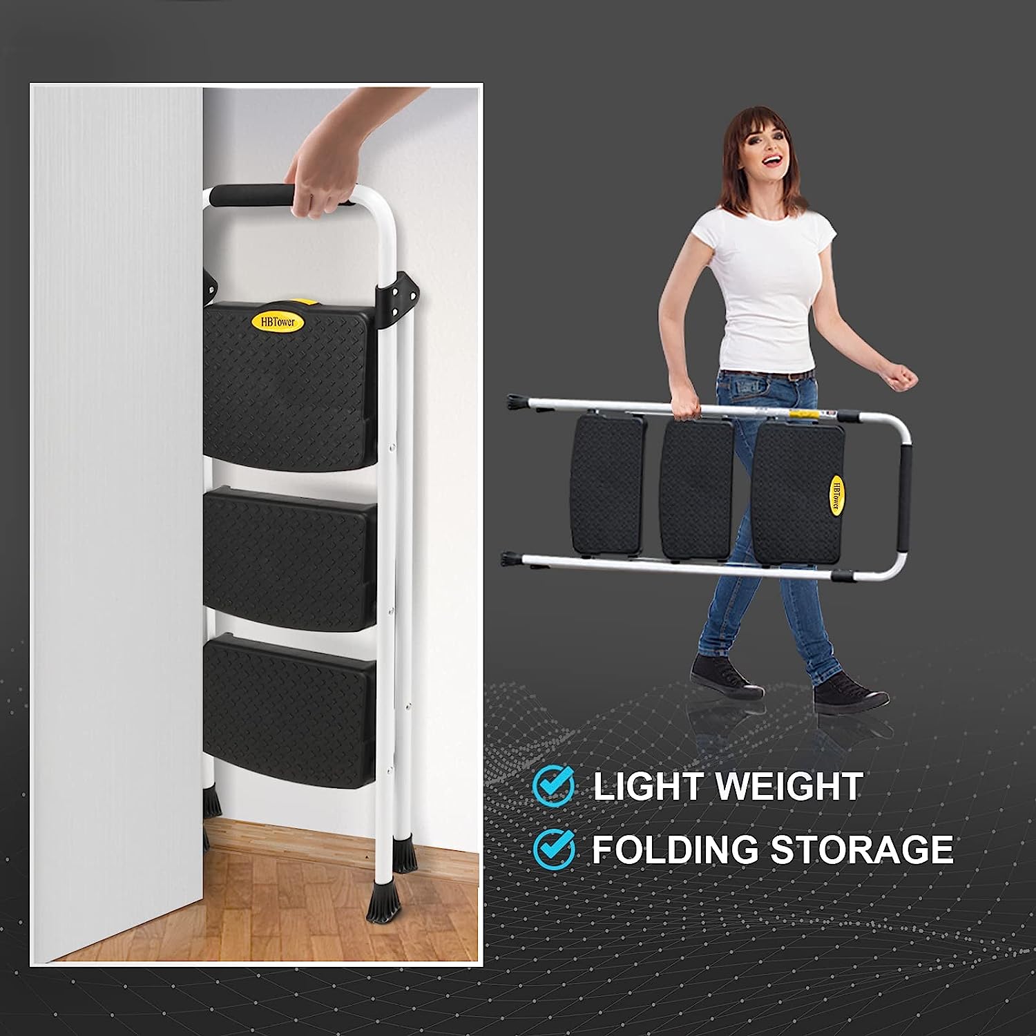 3 Step Ladder, Folding Step Stool with Wide Anti-Slip Pedal, 500lbs Sturdy Steel Ladder, Convenient Handgrip, Lightweight, Portable Steel Step Stool, Black