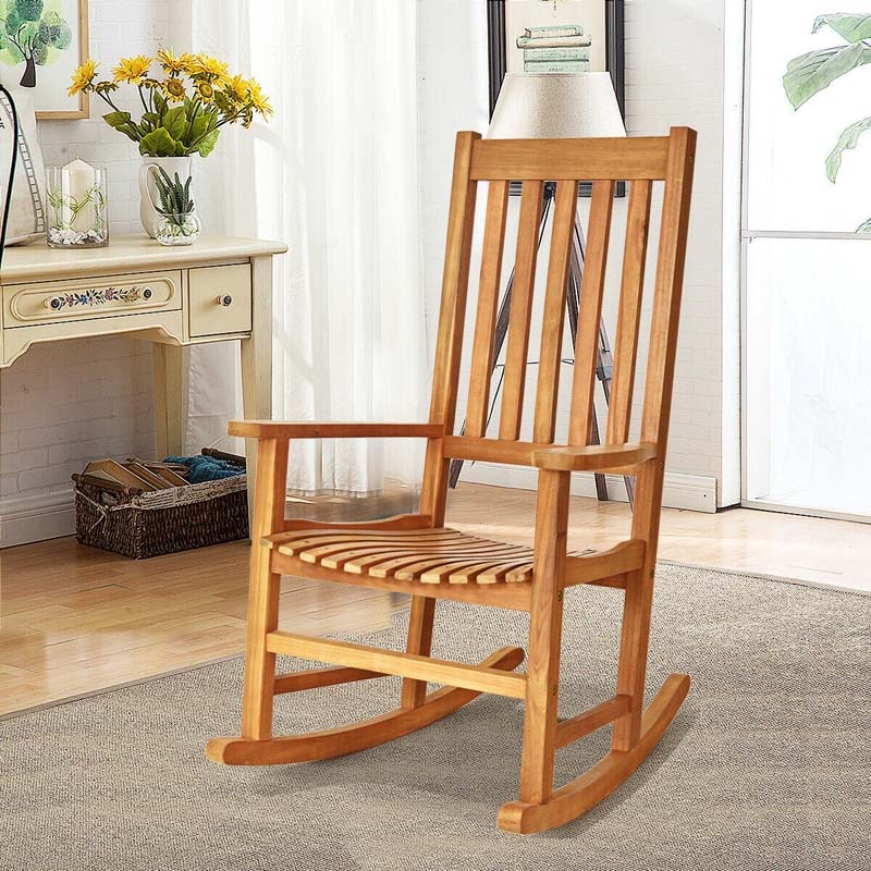 Outdoor Acacia Wood High Back Rocking Chair Porch Rocker