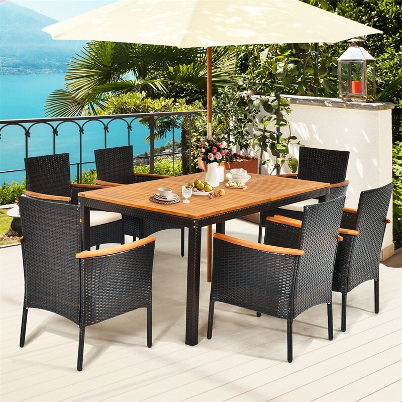 7 Piece Rattan Patio Dining Set with Acacia Wood Table & Stackable Wicker Chairs