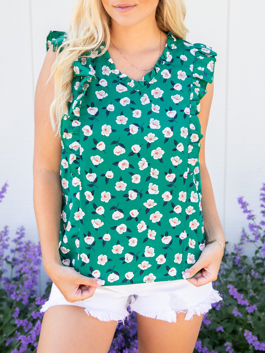 Green floral ruffled short sleeved shirt